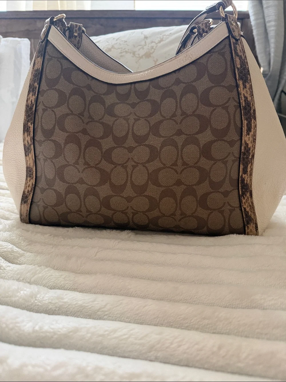 Coach Brown Signature Canvas Hobo with Leopard-Print Trim